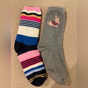 Two Pairs of Talbots Socks Pink Navy Cream Stripe Embroidered Reindeer Dog